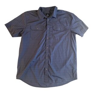 prAna Mens XL Short Sleeve Button Down Grid Pattern Hiking Shirt Blue Grey